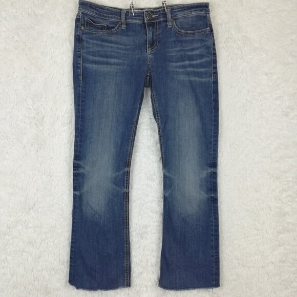 BKE Womens Jeans Stella Boot Cut Blue Denim Mid Wash Low Rise Raw Hem Short 29S‎ - Picture 1 of 12